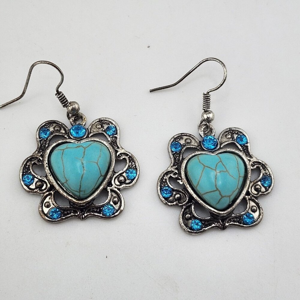 Faux Turquoise Silver‎ Tone Blue Rhinestone Heart Earrings